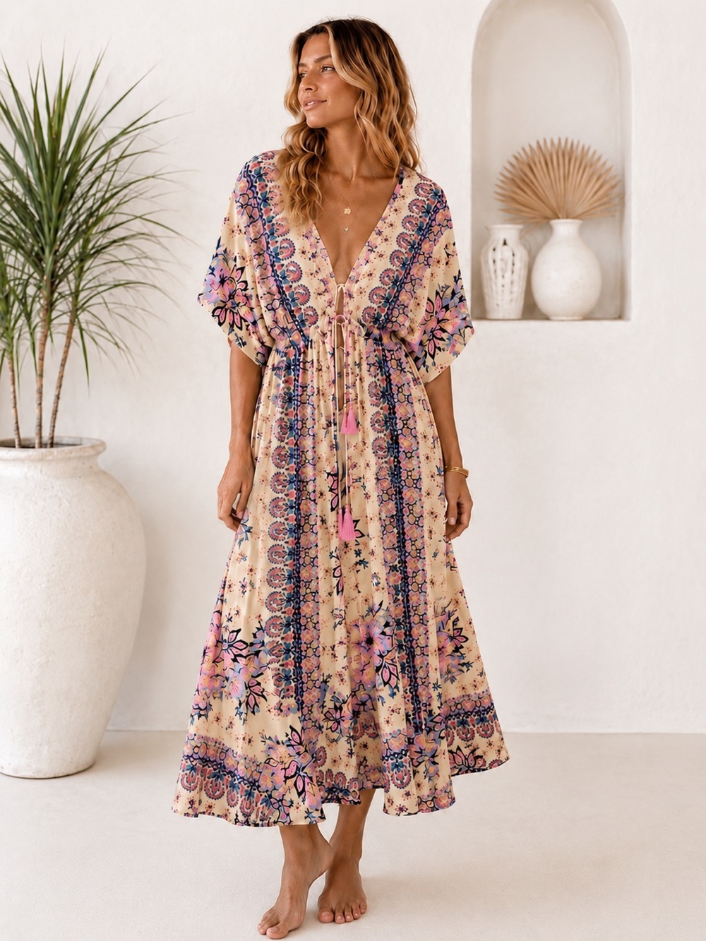 NWT PAANI Boho Komono Cover Up Dress‎ Small Tassel Tie Resort Beachy